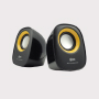 Two black-&-yellow portable speakers